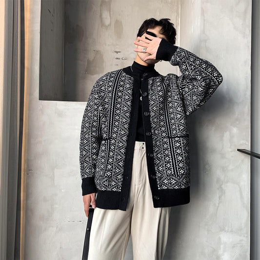 Thick Cardigan Sweater Men Loose Retro Round Neck Pin