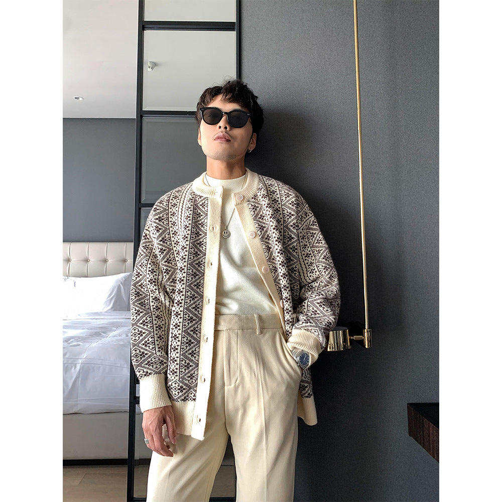 Thick Cardigan Sweater Men Loose Retro Round Neck Pin