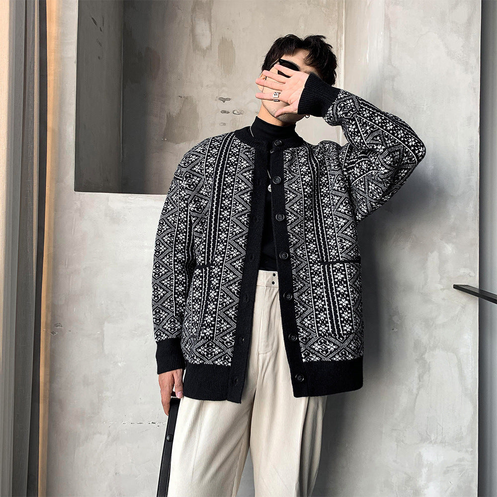 Thick Cardigan Sweater Men Loose Retro Round Neck Pin