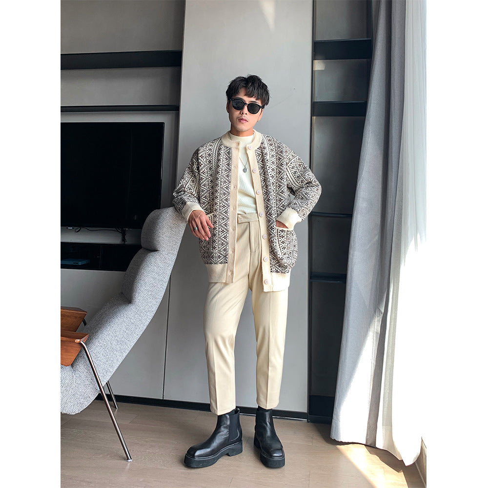 Thick Cardigan Sweater Men Loose Retro Round Neck Pin