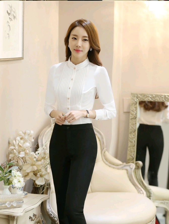 new professional white shirt long sleeve Slim Korean vertical strip lace tooling hundred shirts collar collar women's clothing
