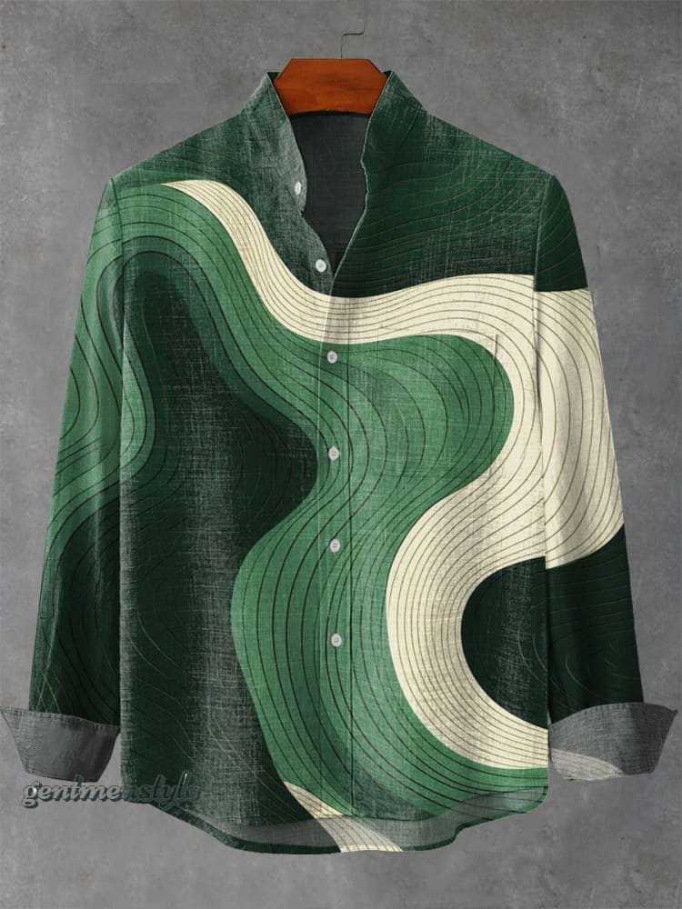 Mens Stand Up Collar Long Sleeve Shirt With Irregular Striped 3D Print