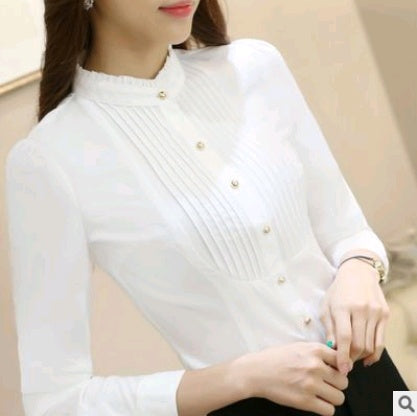 new professional white shirt long sleeve Slim Korean vertical strip lace tooling hundred shirts collar collar women's clothing