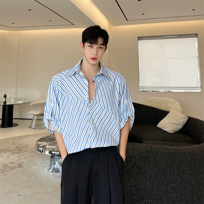 Summer Blue Striped Shirt Irregular Stitching Cardigan Loose Men