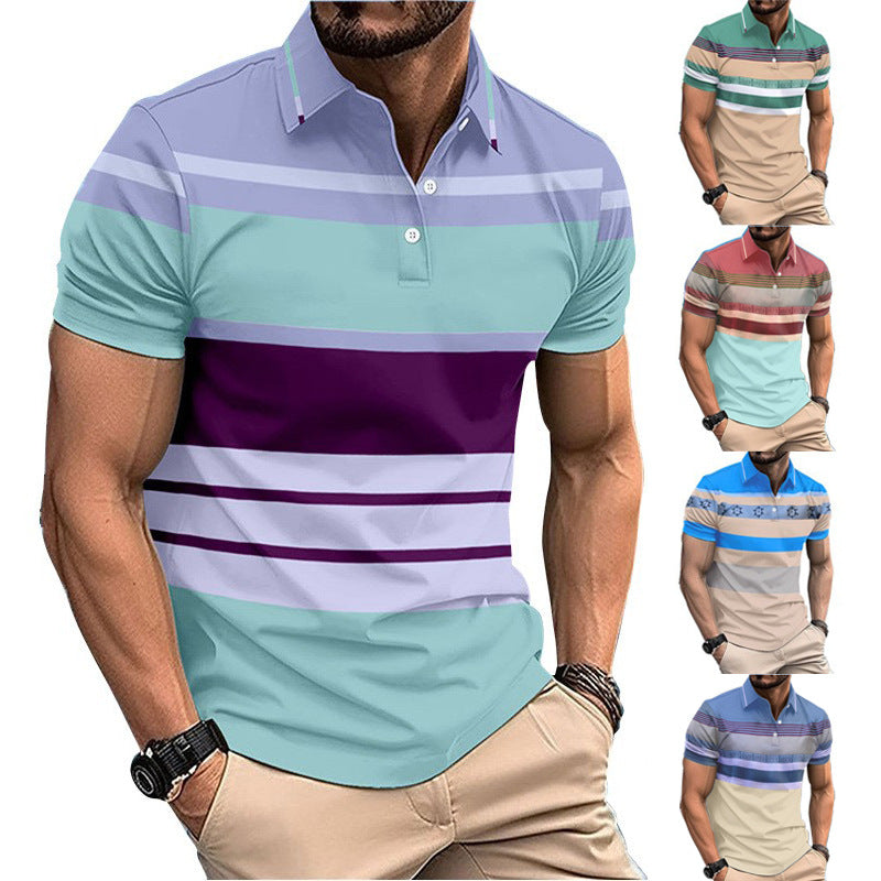 Printed Striped Button Polo Collar Top