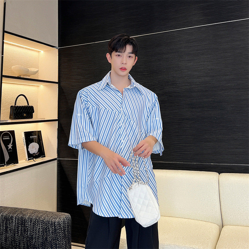 Summer Blue Striped Shirt Irregular Stitching Cardigan Loose Men