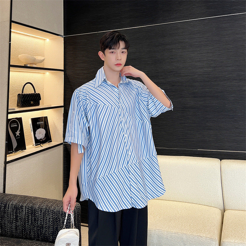 Summer Blue Striped Shirt Irregular Stitching Cardigan Loose Men